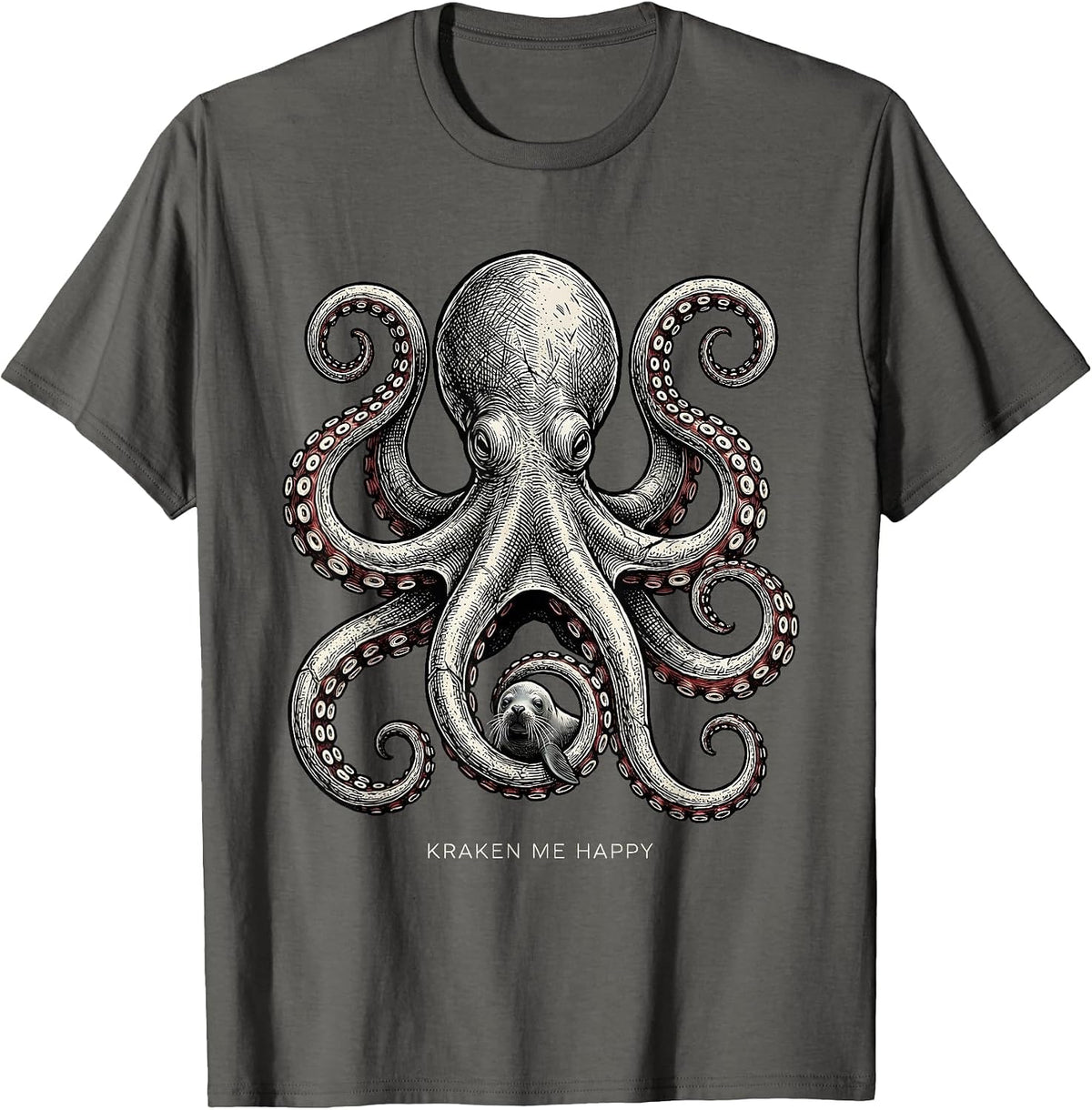 Kraken Me Happy Vintage Kraken Octopus Japanese Aesthetic T-Shirt - Asphalt Grey