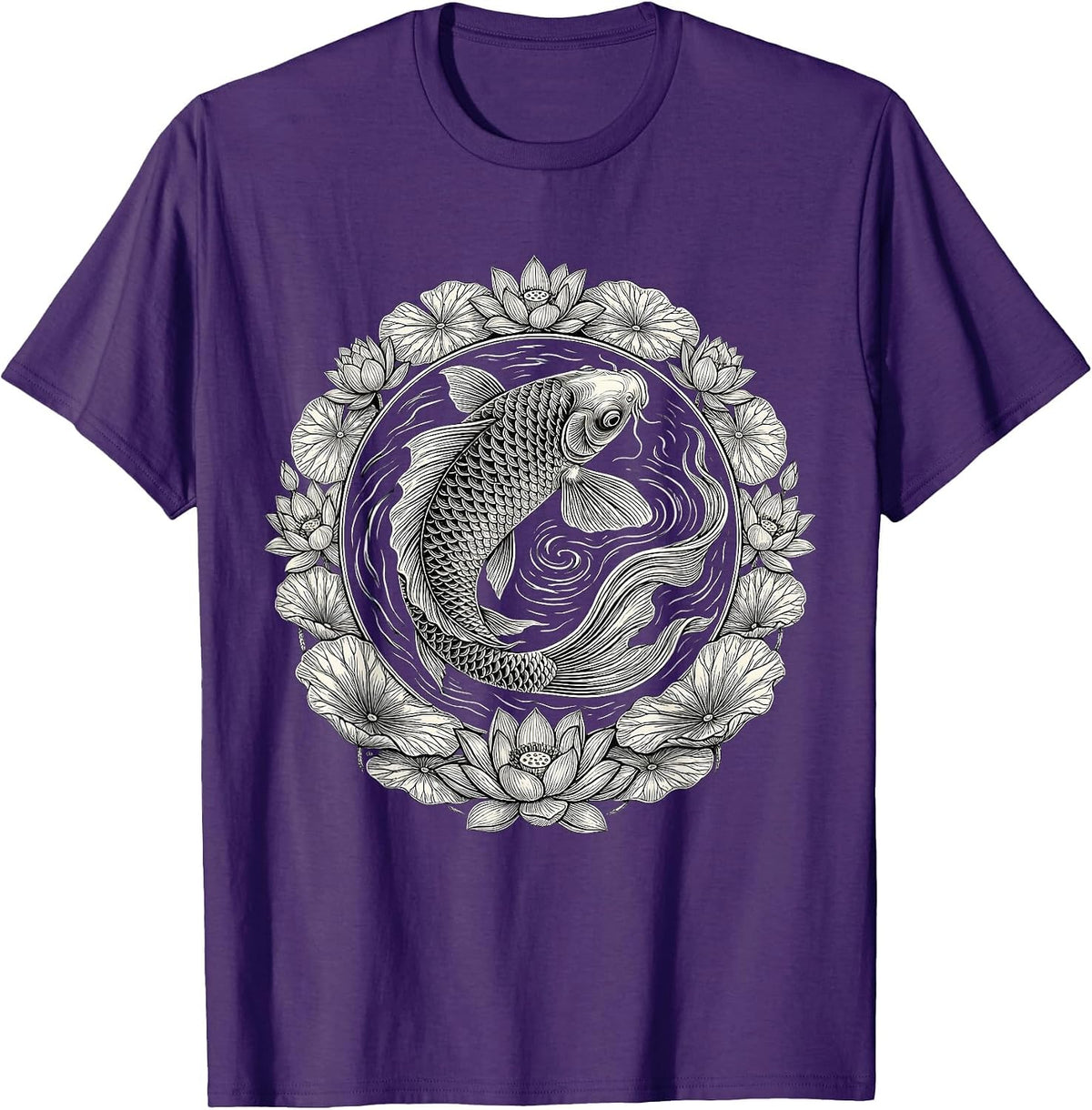 Koi Fish and Lily Pad Detailed Illustration T-Shirt - Purple