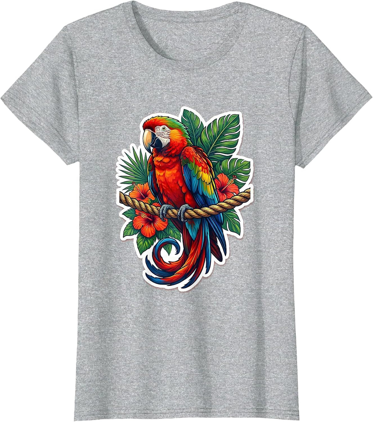 Tropical Parrot on Braided Rope Perch Hawaiian T-Shirt - Heather Grey