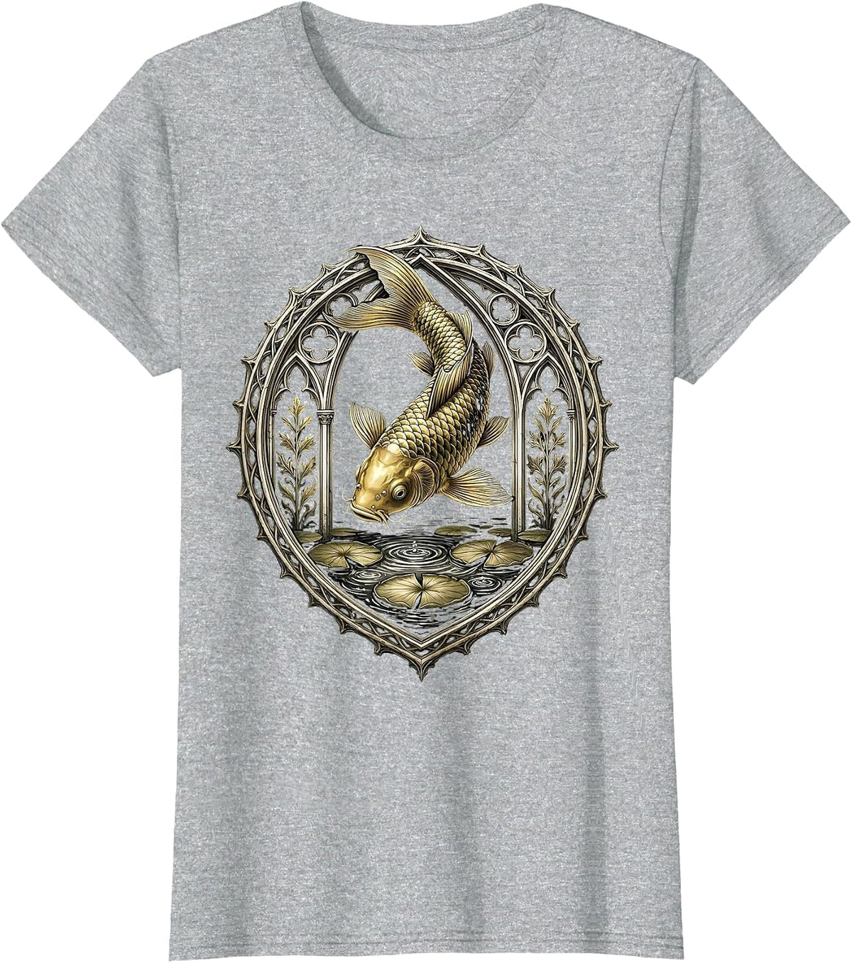 Women's Gold Koi Fish Leaping from Dark Water T-Shirt - Heather Grey