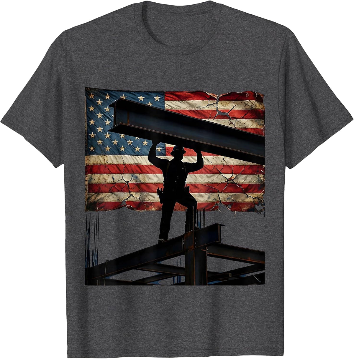Men's Iron Worker Patriotic Construction Graphic Tee T-Shirt - Dark Heather Grey