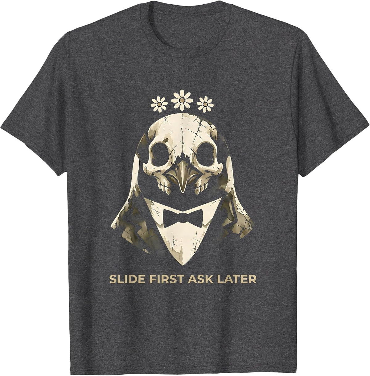 Slide First Ask Later Penguin Graphic Design T-Shirt - Dark Heather Grey