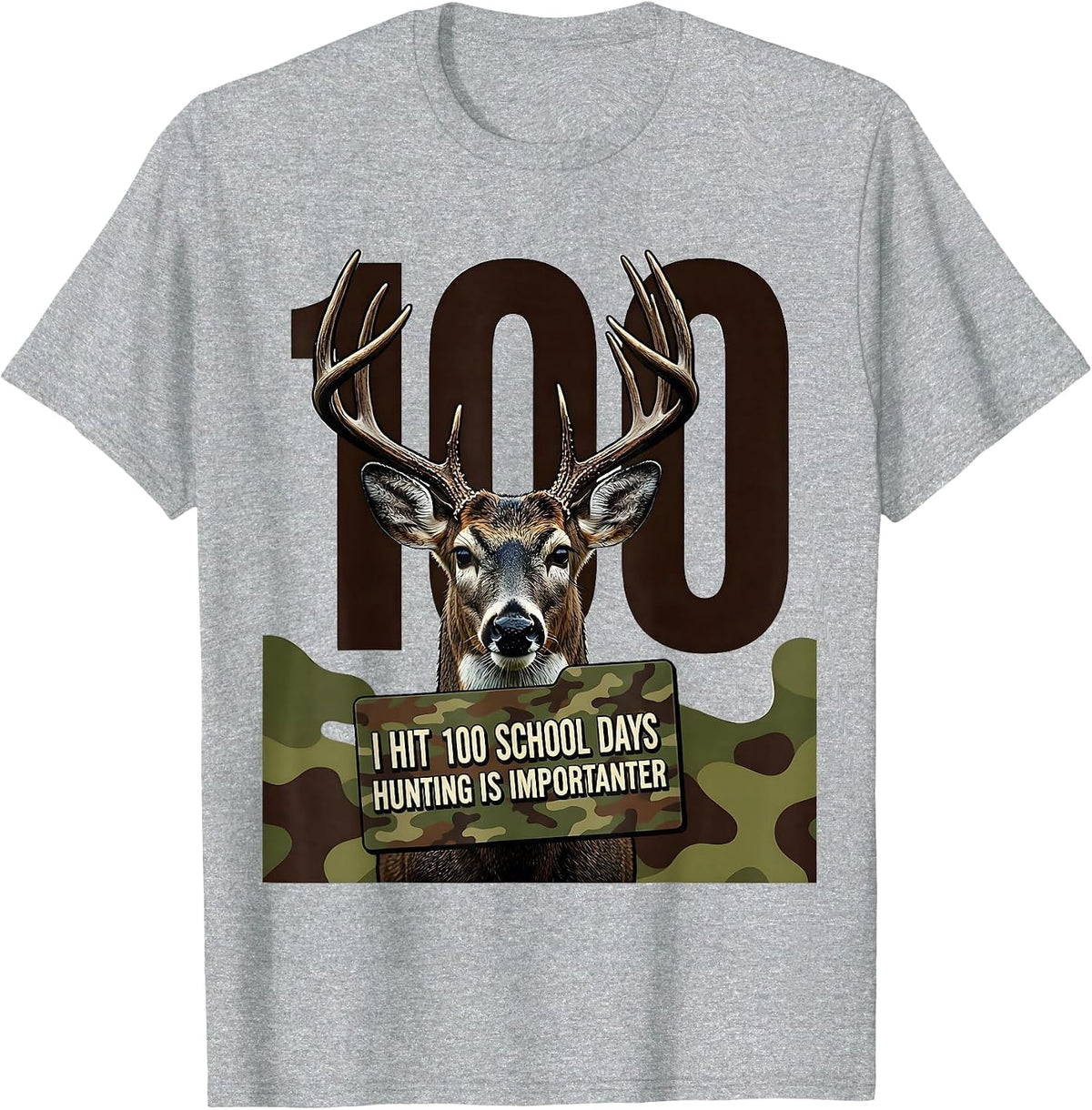 Men's I Hit 100 School Days, Hunting Is Importanter Camo T-Shirt - Heather Grey