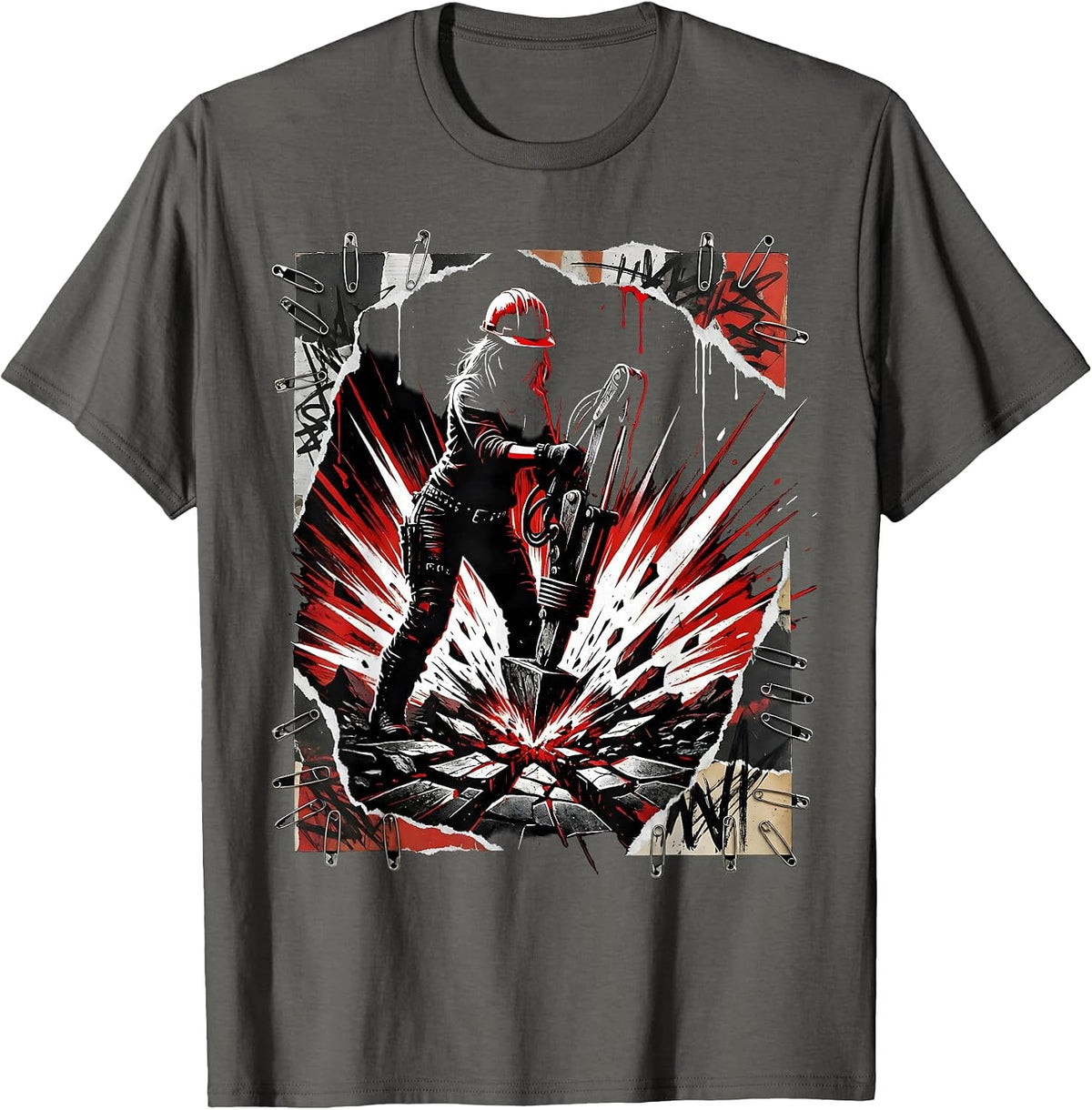 Hard Hat Jackhammer Operator Graphic Tee T-Shirt - Asphalt Grey