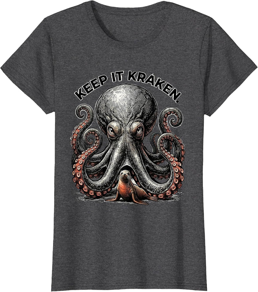 Women's Keep It Kraken Vintage Japanese Kraken Octopus Sea Monster T-Shirt - Dark Heather Grey