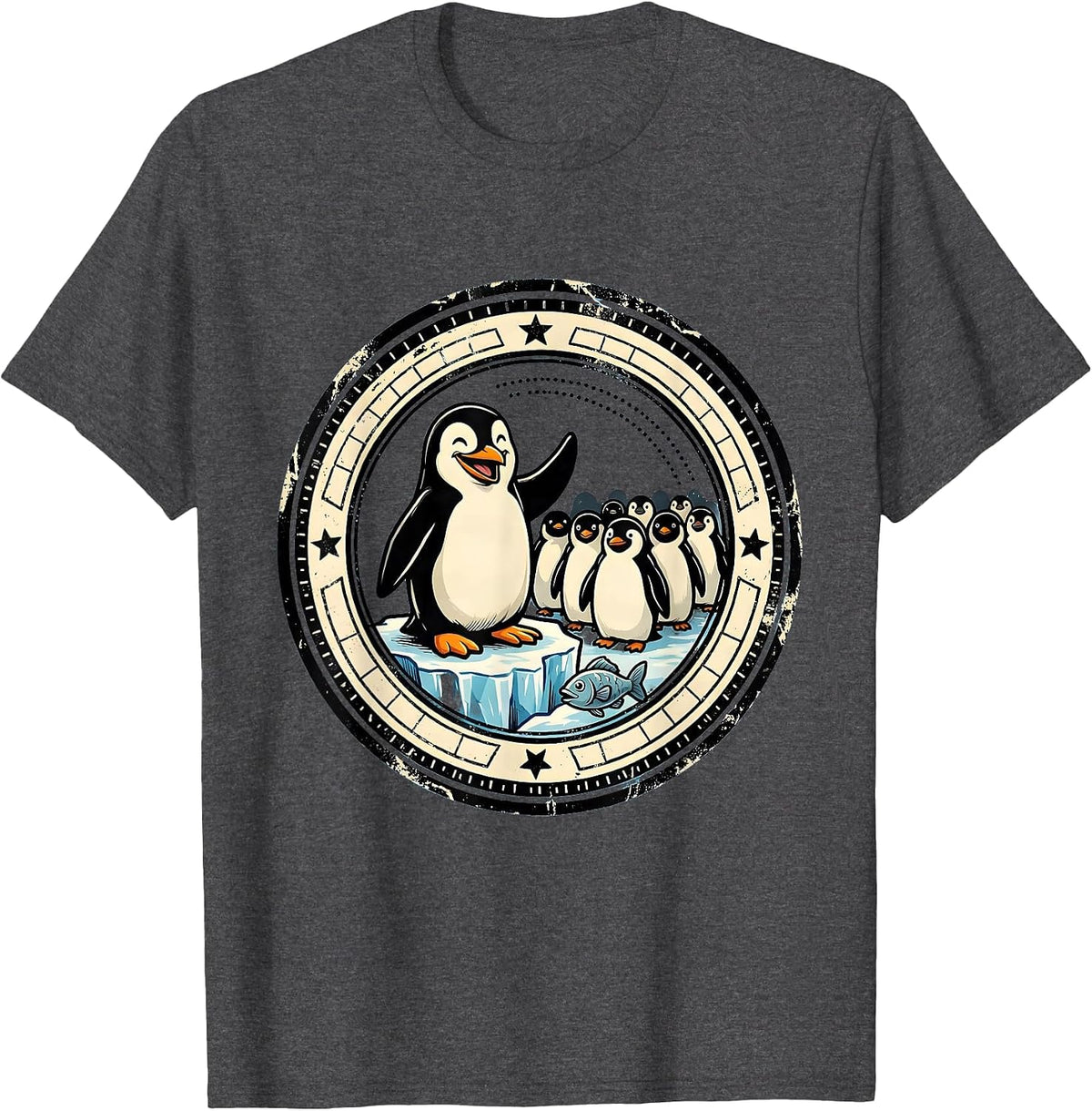 Men's Penguin Badge Cartoon Animal Humor Novelty T-Shirt - Dark Heather Grey