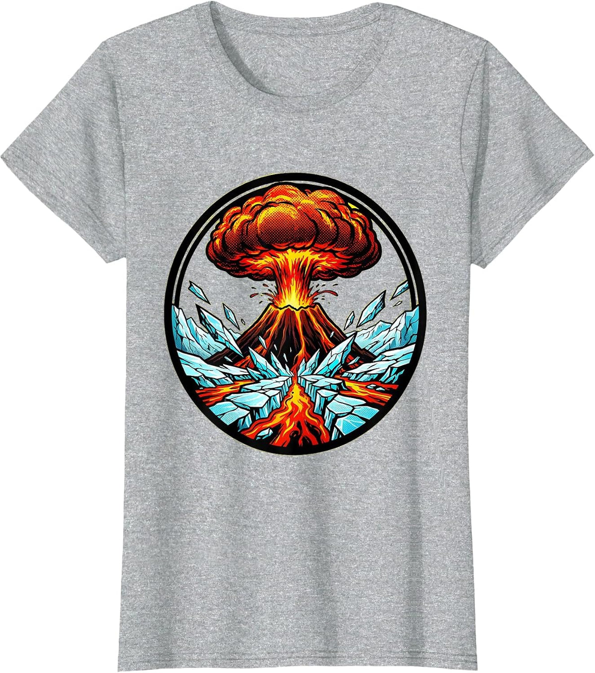 Volcano Erupting Through Cracked Glacier Graphic T-Shirt - Heather Grey
