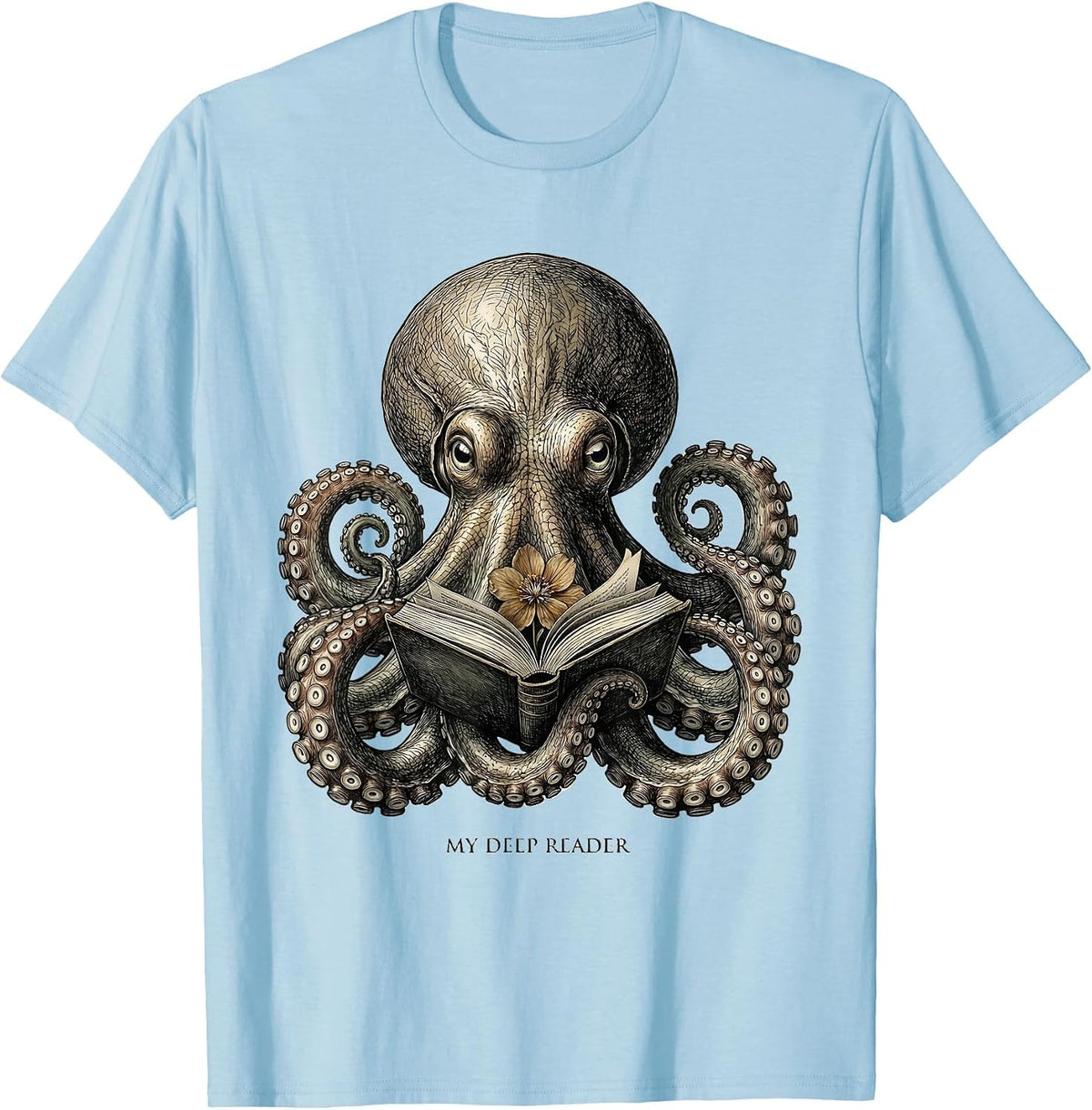 Men's My Deep Reader Botanical Octopus Book Lover Reader Art T-Shirt - Baby Blue