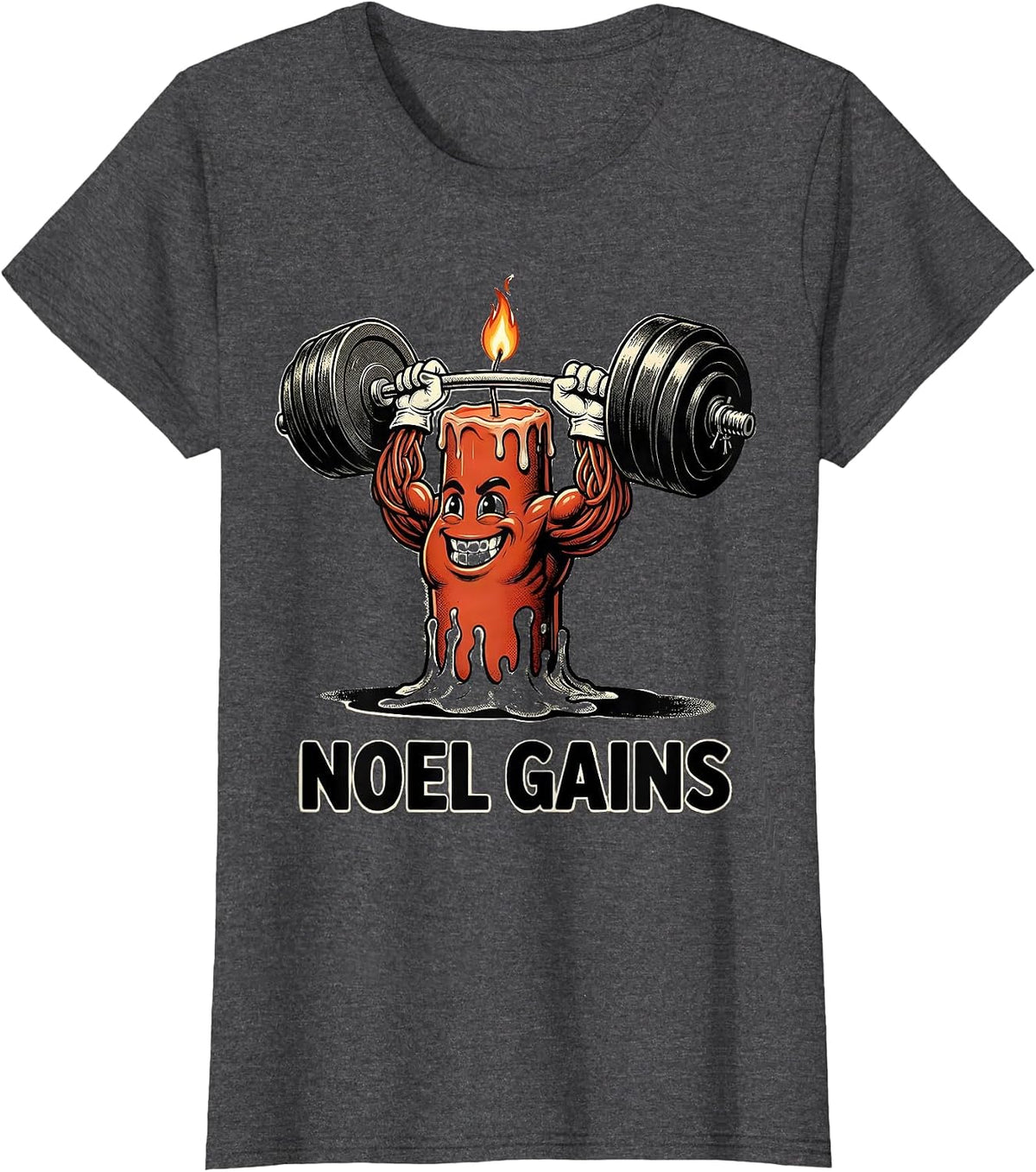 Women's Noel Gains Retro Cartoon Funny Christmas Gym Weightlifting T-Shirt - Dark Heather Grey