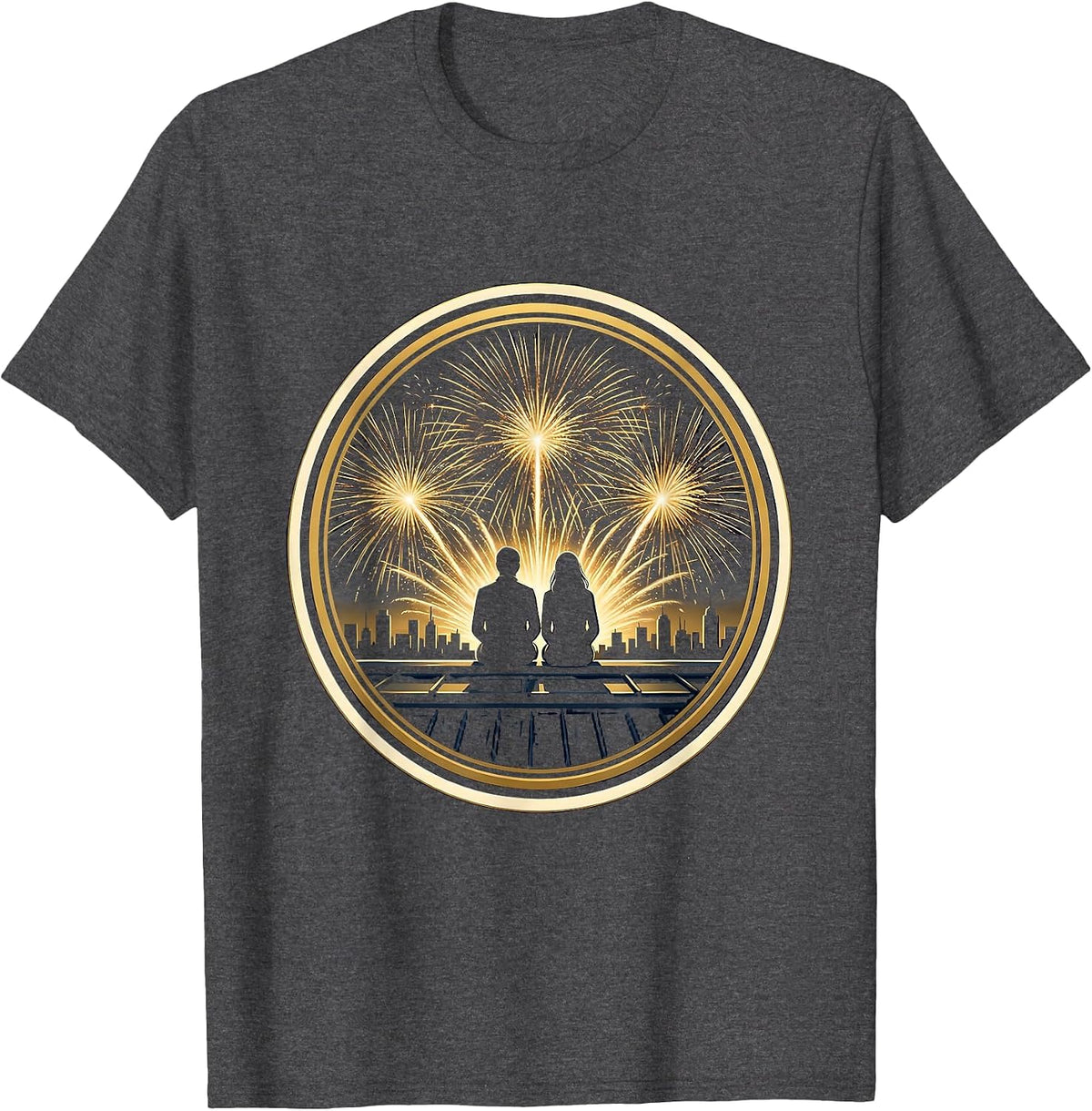 Rooftop Fireworks Couple Night Sky Illustration T-Shirt - Dark Heather Grey