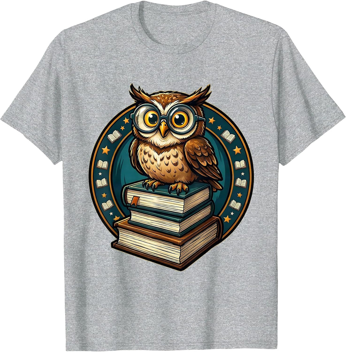 Men's Reading Teacher Owl Perched on Stack of Books T-Shirt - Heather Grey