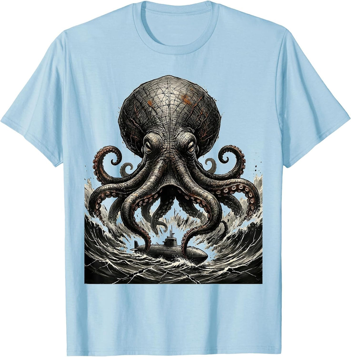 Men's Kraken Erupting Distressed Sea Monster Octopus Lover T-Shirt - Baby Blue