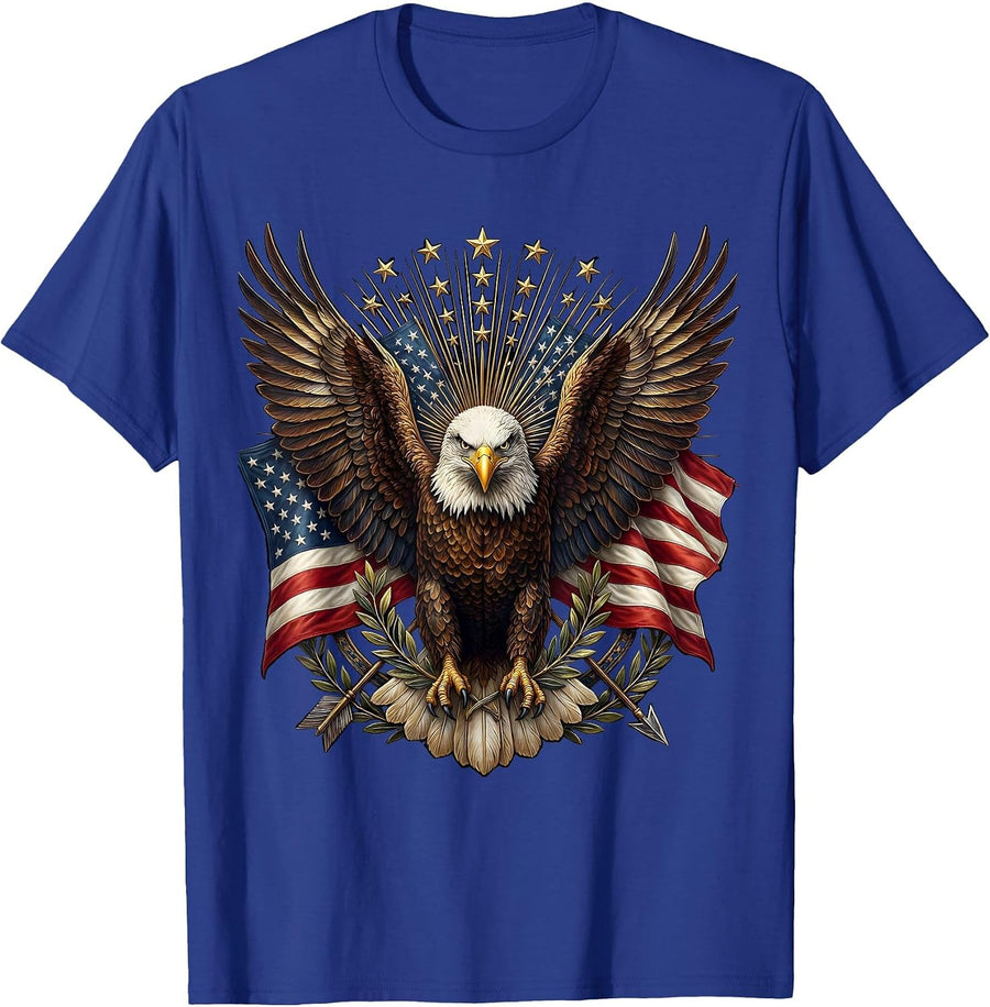 Bald Eagle Spread Wings Over American Flag T-Shirt - Royal Blue