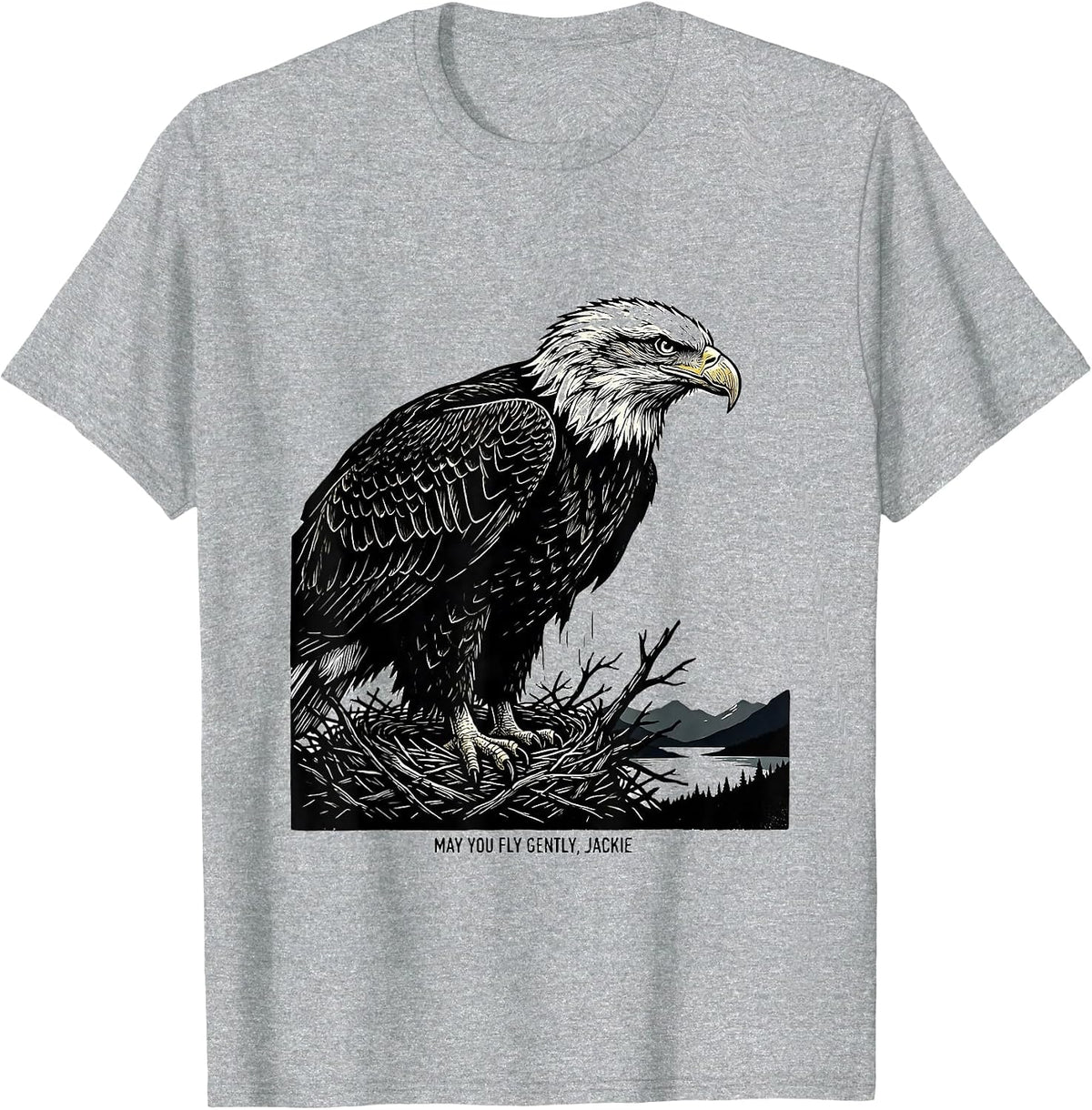Men's May You Fly Gently, Jackie Linocut Bald Eagle Memorial T-Shirt - Heather Grey