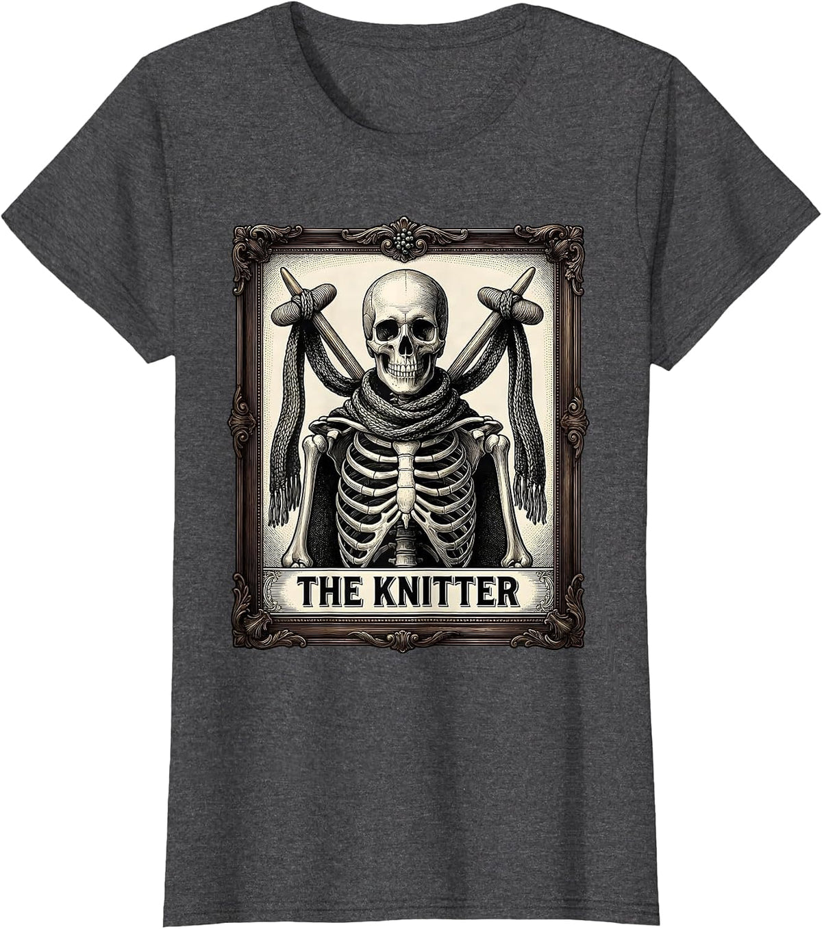 Women's The Knitter Skeleton Tarot Card Knitting Lover Gift T-Shirt - Dark Heather Grey