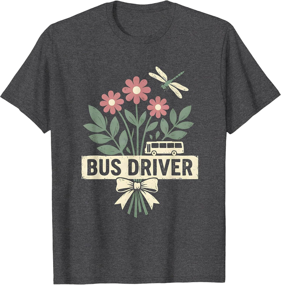 Men's Bus Driver Floral Boho Teacher Gift School Staff T-Shirt - Dark Heather Grey