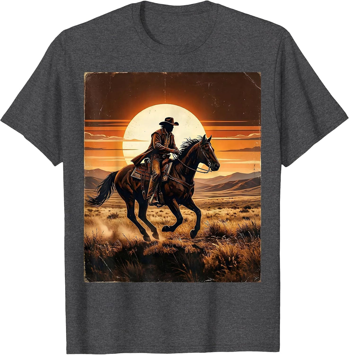 Lone Rider Horseback Sunset Freedom Graphic T-Shirt - Dark Heather Grey