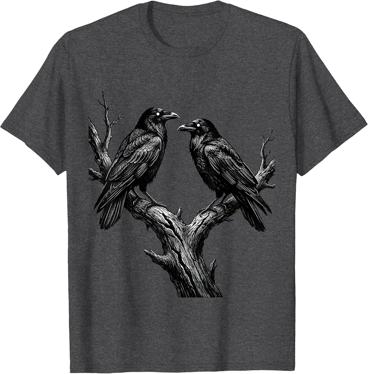 Two Crows Facing Off on a Dead Branch T-Shirt - Dark Heather Grey