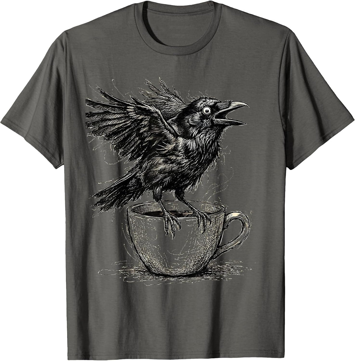 Wide-Eyed Crow After First Sip Graphic T-Shirt - Asphalt Grey