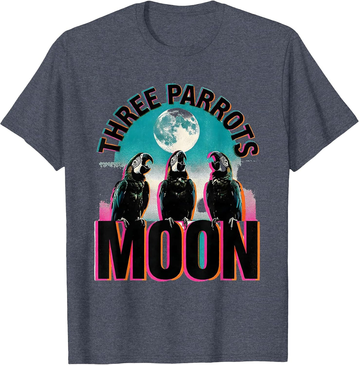 Three Parrots Moon Risograph Meme Humor Animal Lover Gift T-Shirt - Heather Blue