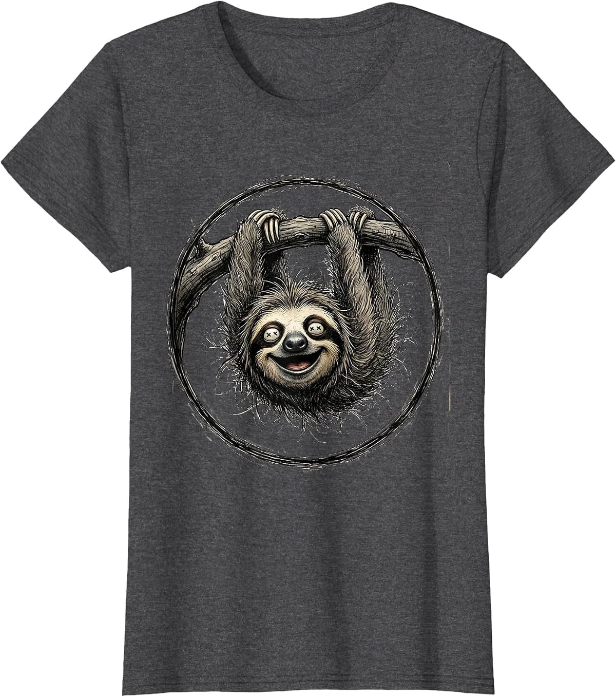 Women's Derpy Upside Down Sloth Hanging From Branch T-Shirt - Dark Heather Grey