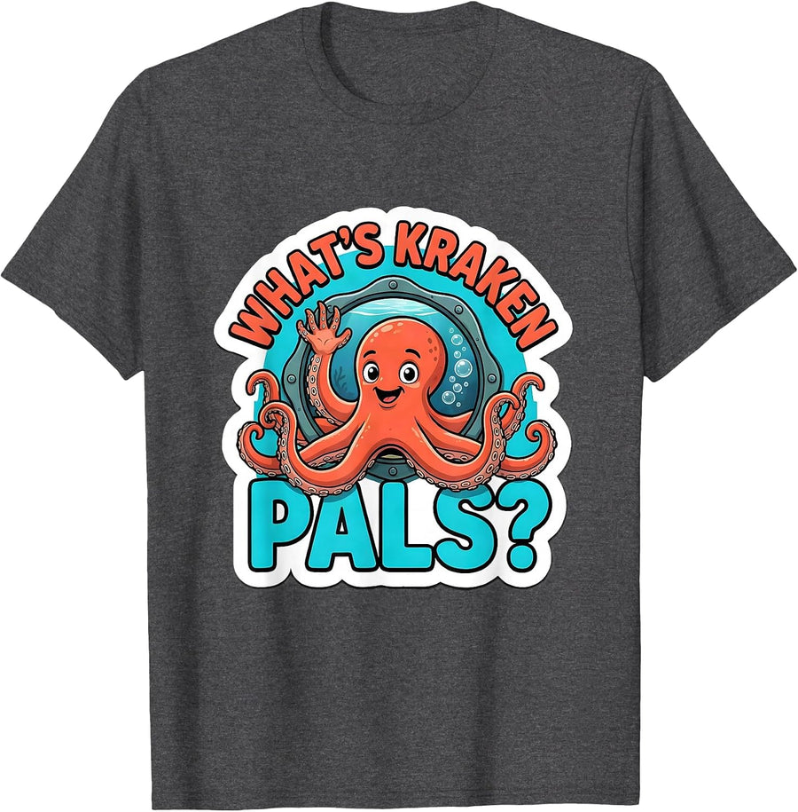 Men's What's Kraken, Pals? Funny Octopus Lover Sticker Style T-Shirt - Dark Heather Grey