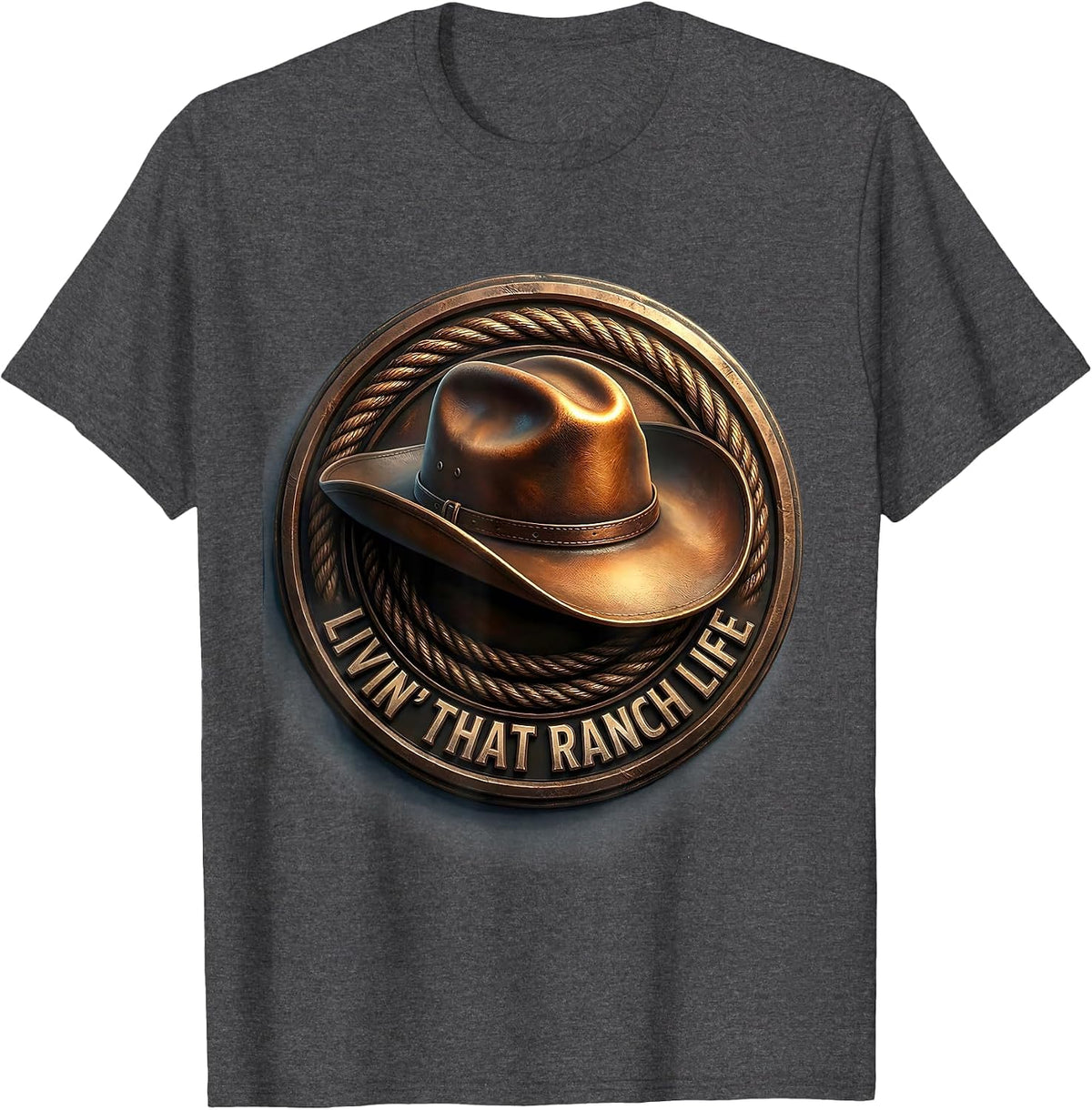 Men's Livin' That Ranch Life Cowboy Design T-Shirt - Dark Heather Grey