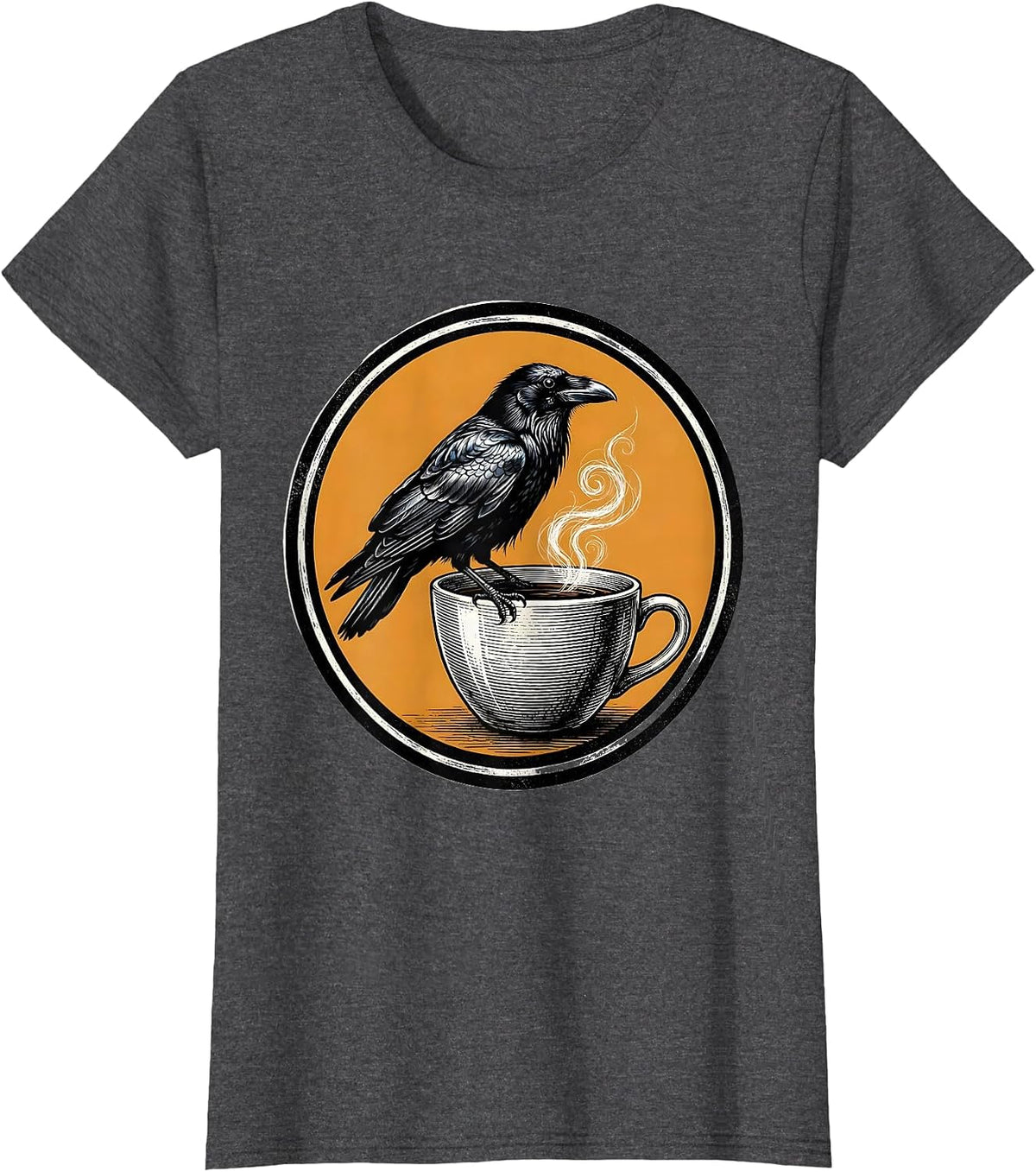 Women's Cawf Crow Perched on a Steaming Coffee Cup T-Shirt - Dark Heather Grey