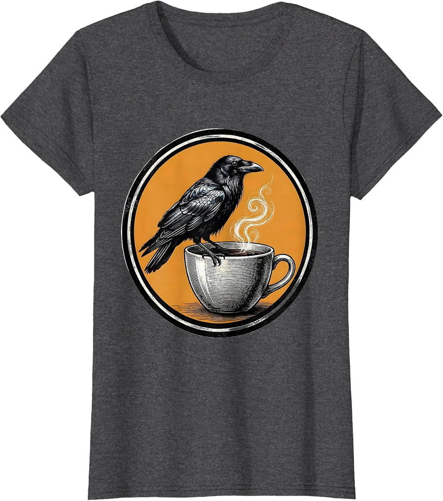 Women's Cawf Crow Perched on a Steaming Coffee Cup T-Shirt - Dark Heather Grey
