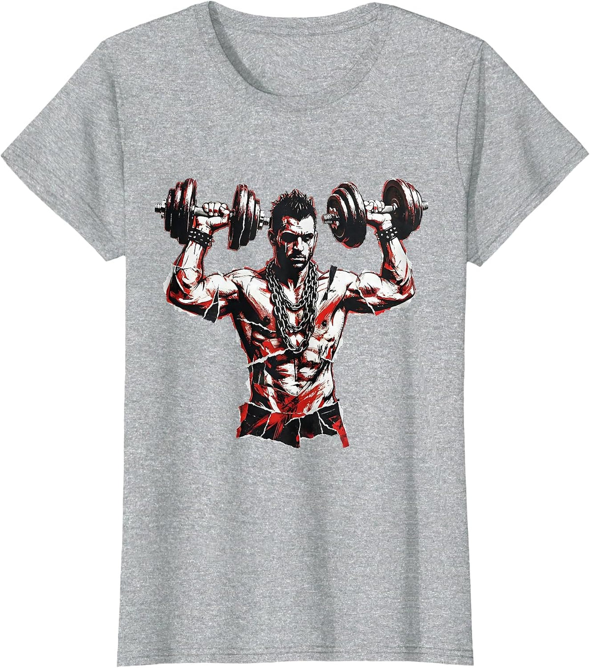 Women's 90s Gym Culture Dumbbell Chain Necklace Graphic T-Shirt - Heather Grey