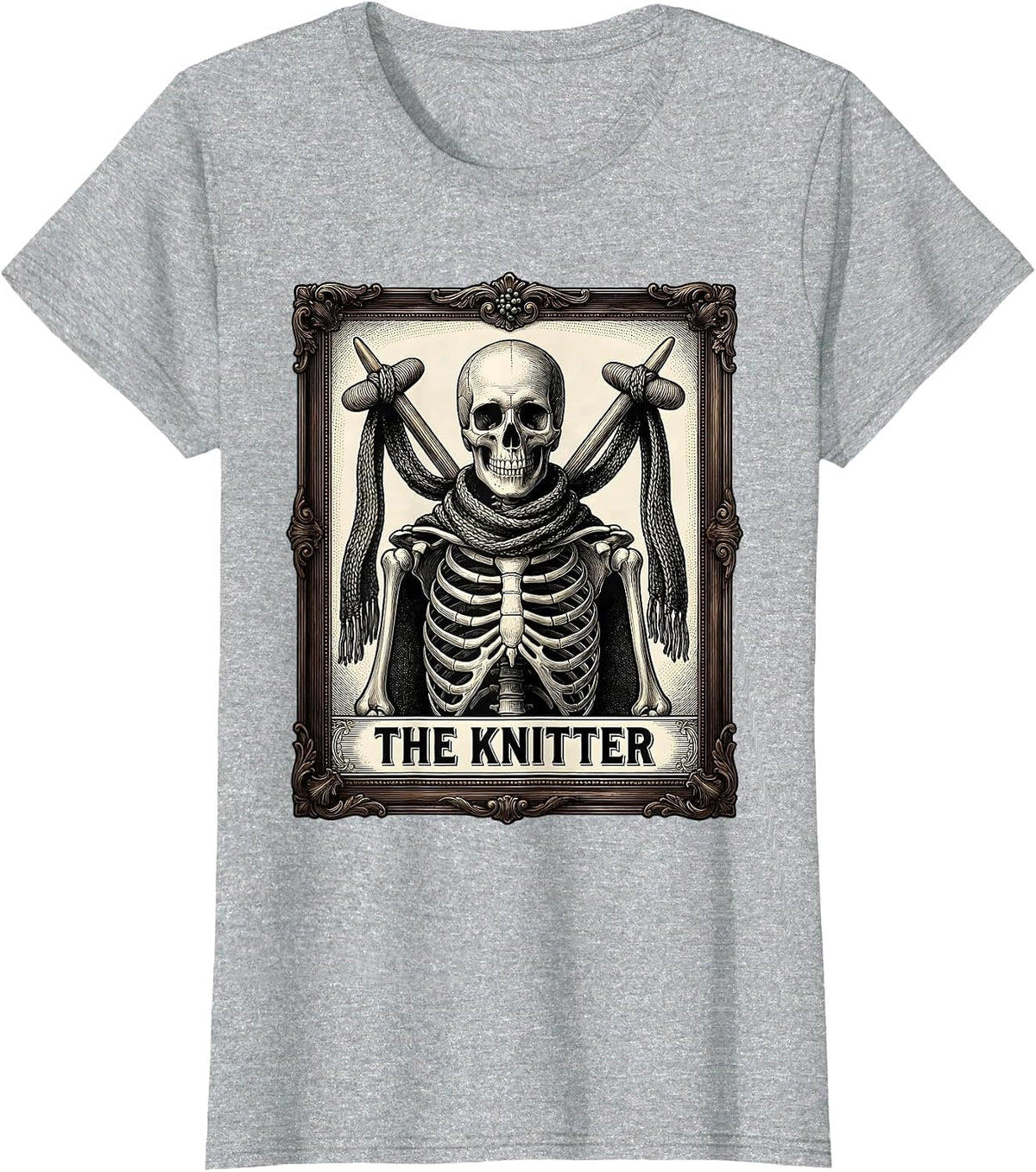 Women's The Knitter Skeleton Tarot Card Knitting Lover Gift T-Shirt - Heather Grey