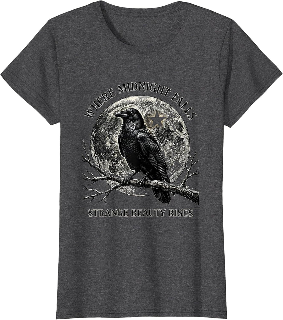 Women's Where Midnight Falls, Strange Beauty Rises Gothic Literary T-Shirt - Dark Heather Grey