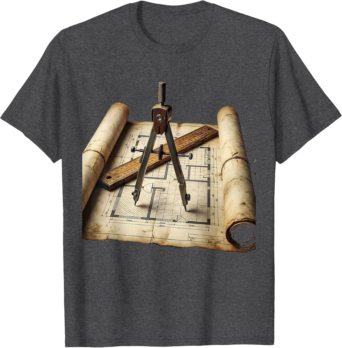 Men's Blueprint Illustration Ruler and Compass Graphic T-Shirt - Dark Heather Grey