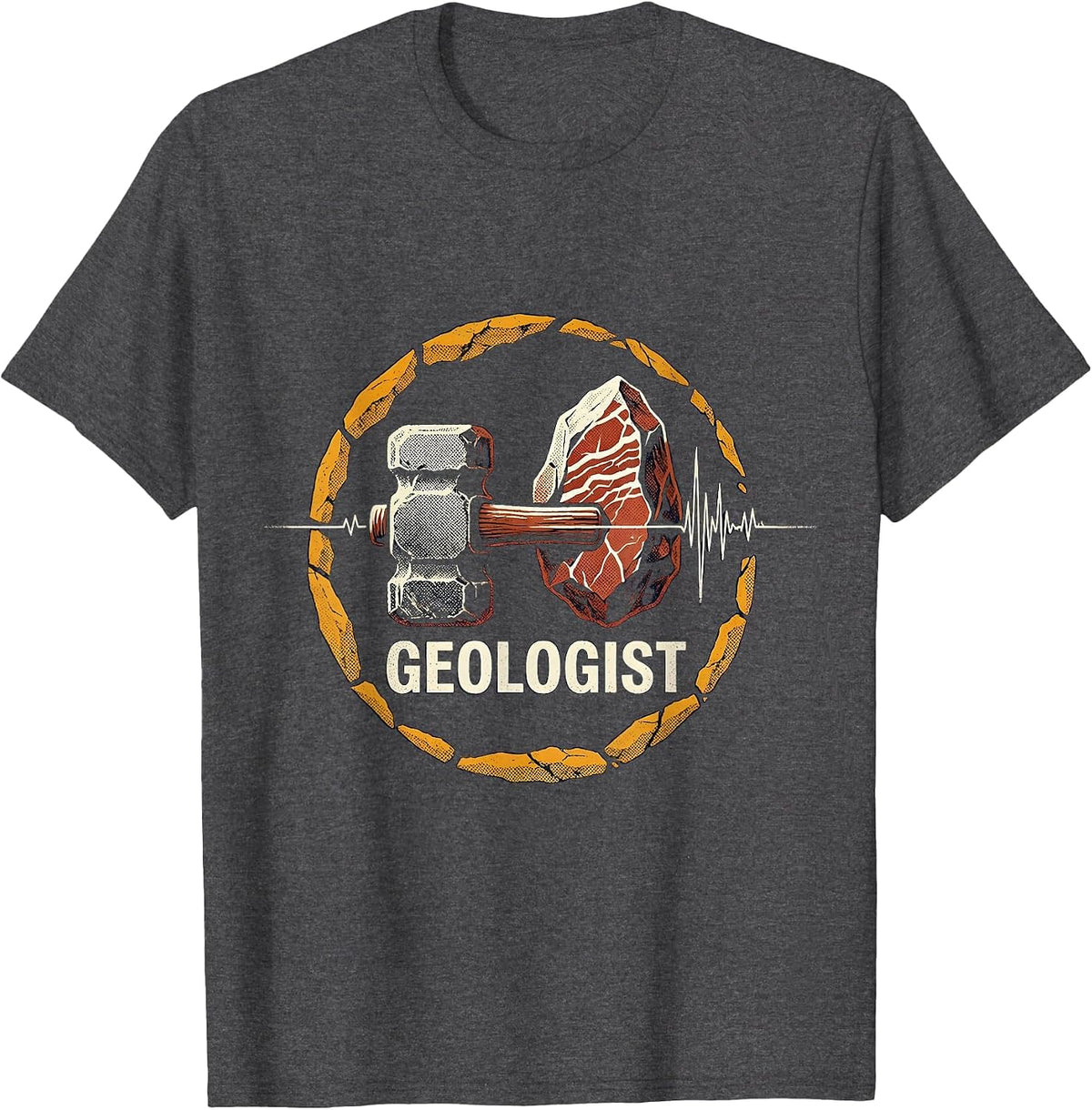 Men's Geologist Heartbeat Pulse EKG Rock Hammer Geology Hobby T-Shirt - Dark Heather Grey