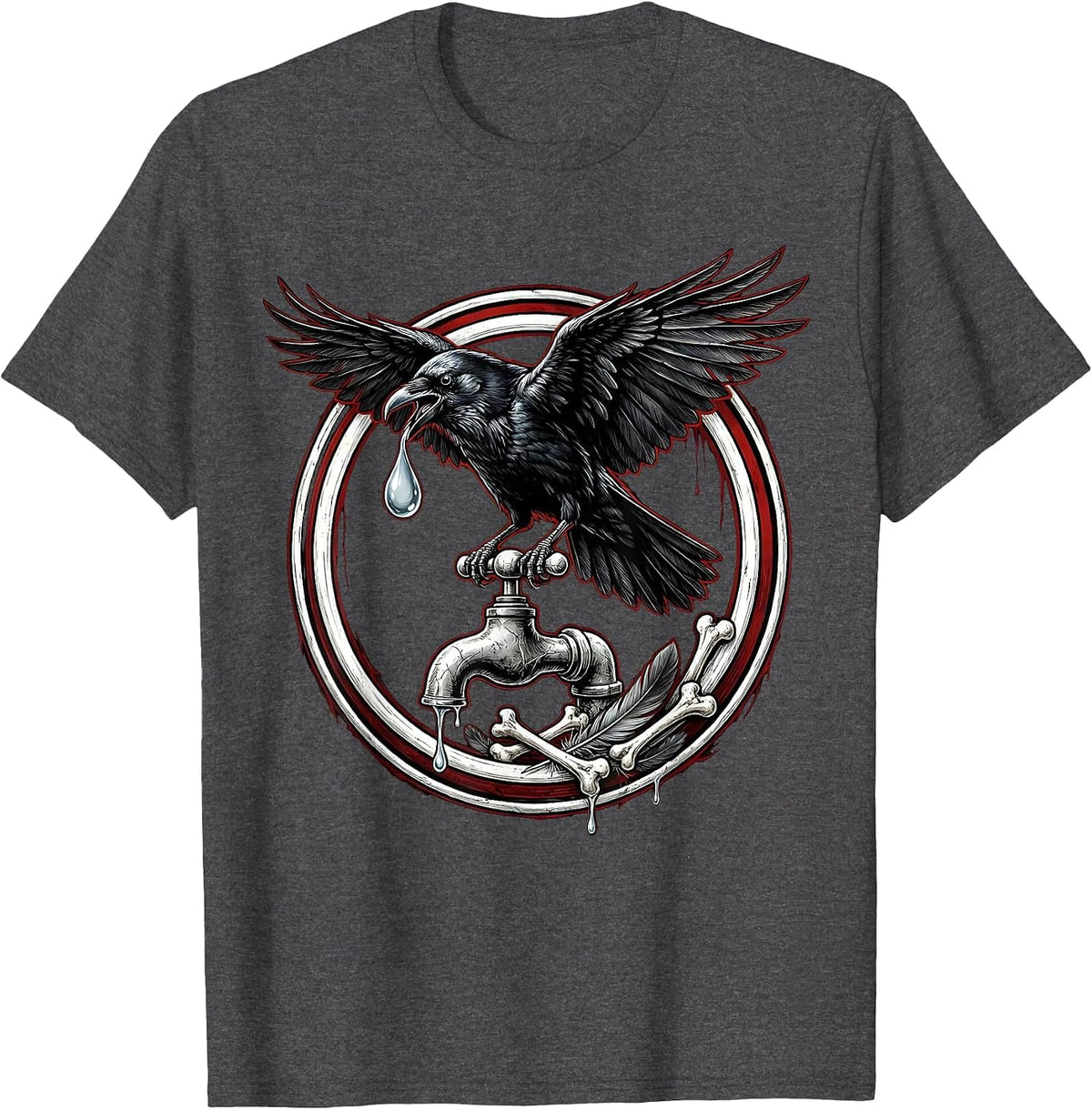 Crow Drinking From a Dripping Faucet Graphic T-Shirt - Dark Heather Grey