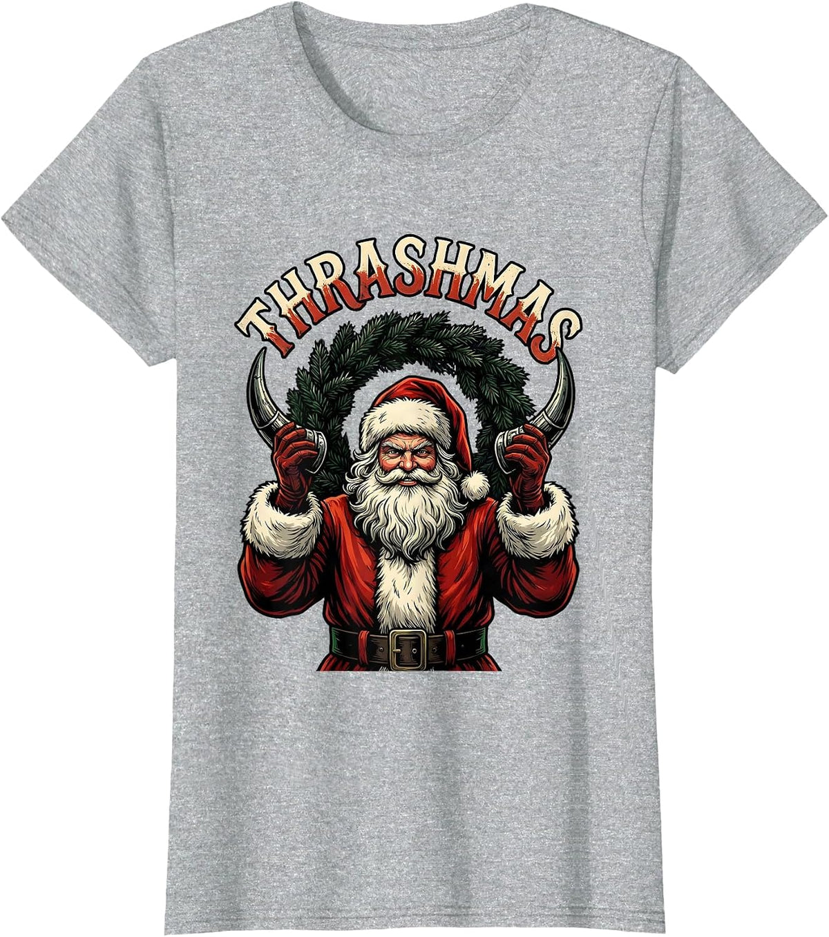 Thrashmas Tattoo Heavy Metal Santa Claus Rock On Funny T-Shirt - Heather Grey