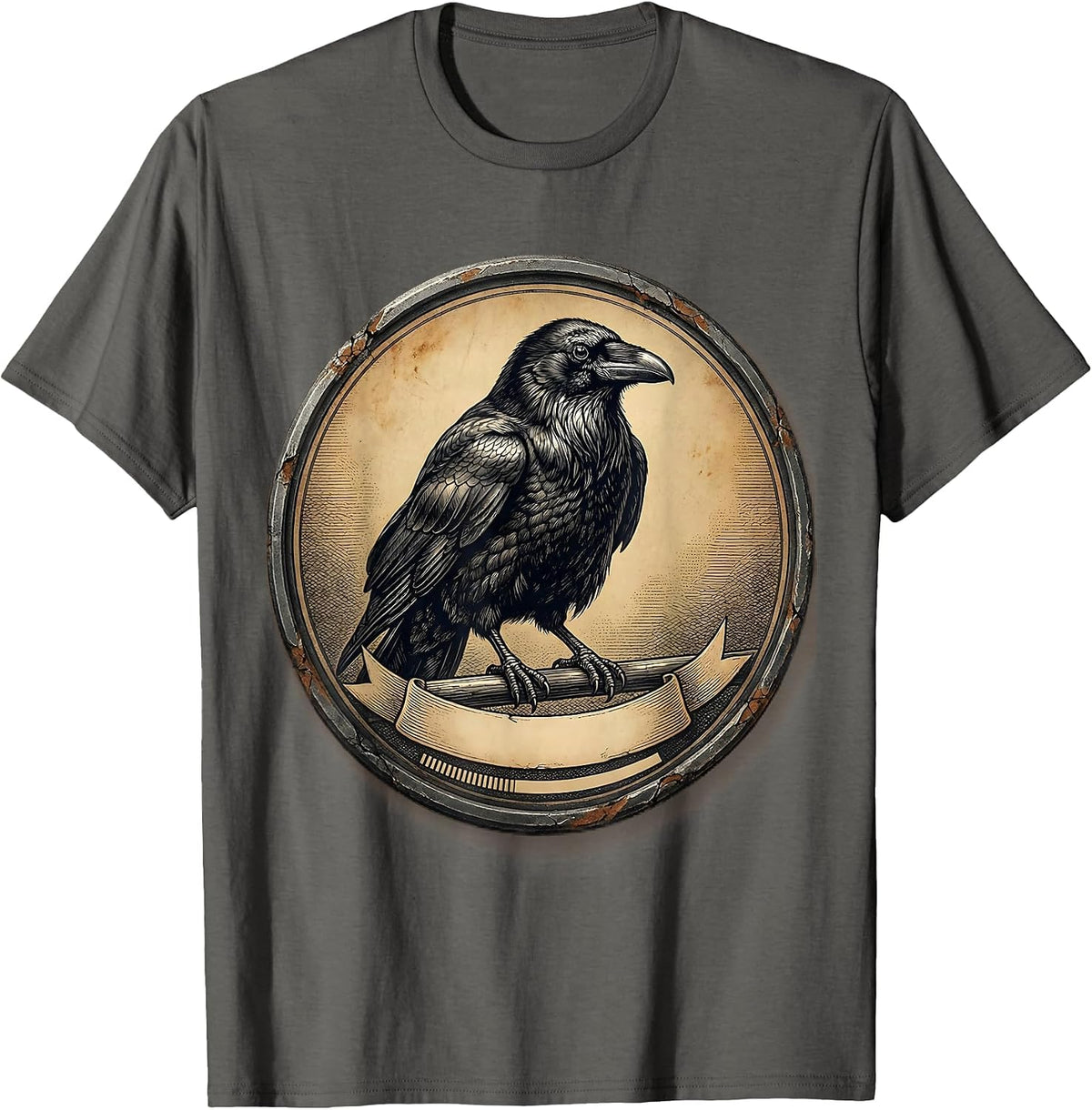 Front-Facing Crow Portrait Distressed Gothic Humor T-Shirt - Asphalt Grey