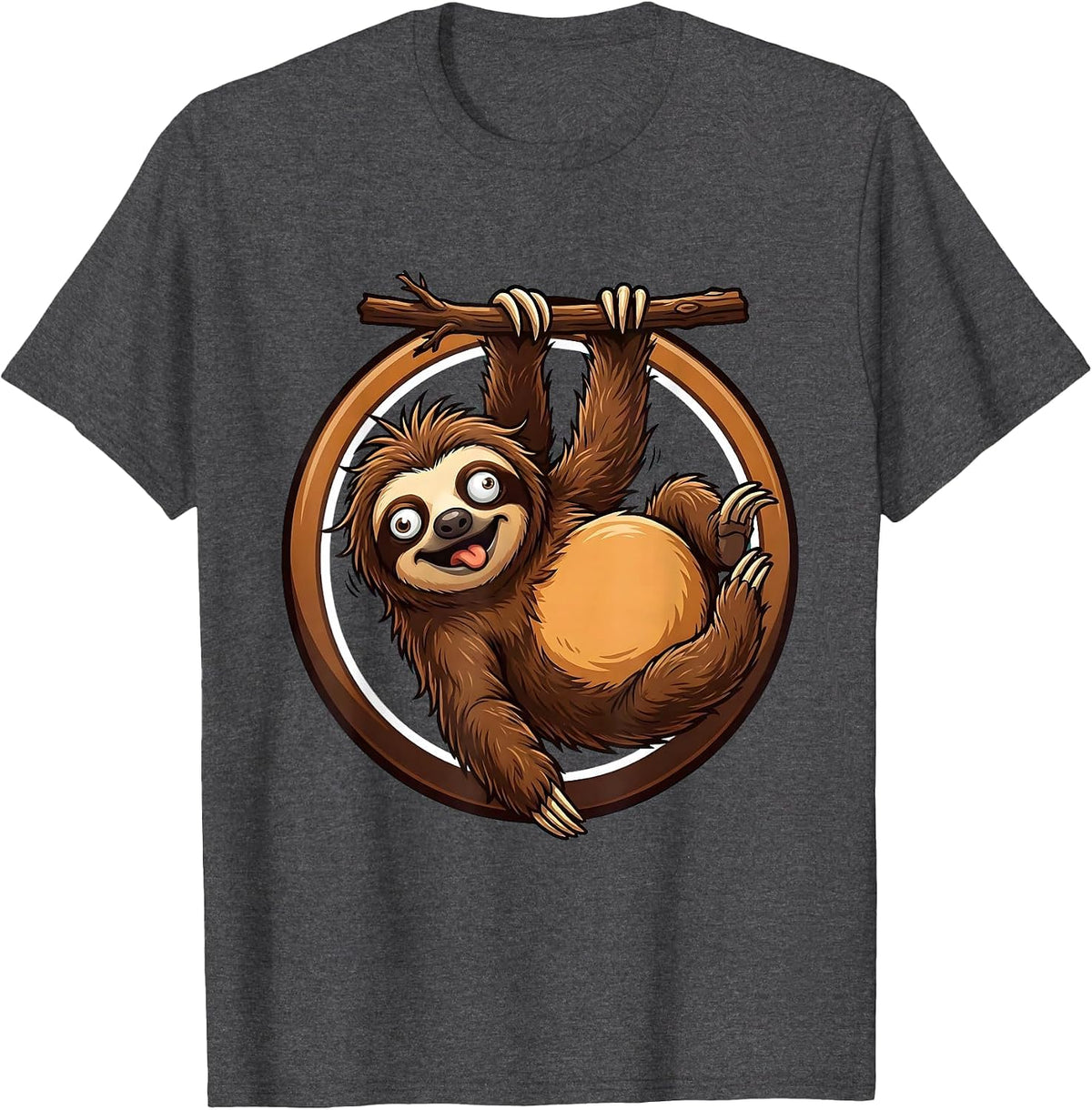 Derpy Googly-Eyed Sloth Hanging Upside Down T-Shirt - Dark Heather Grey