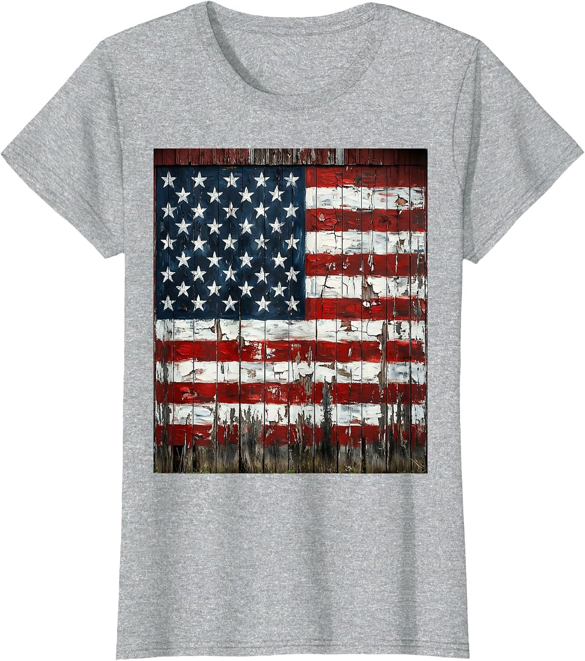 Women's USA Flag Weathered Barn Rustic Patriotic Design T-Shirt - Heather Grey