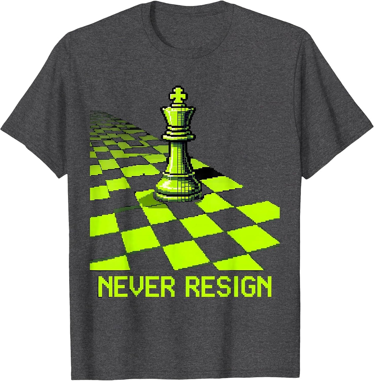 Men's Never Resign Pixel Art Chess Player Strategic Wit Humor T-Shirt - Dark Heather Grey