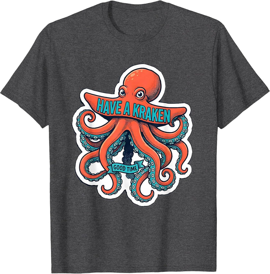 Men's Have a Kraken Good Time Whimsical Octopus Lover Sticker T-Shirt - Dark Heather Grey