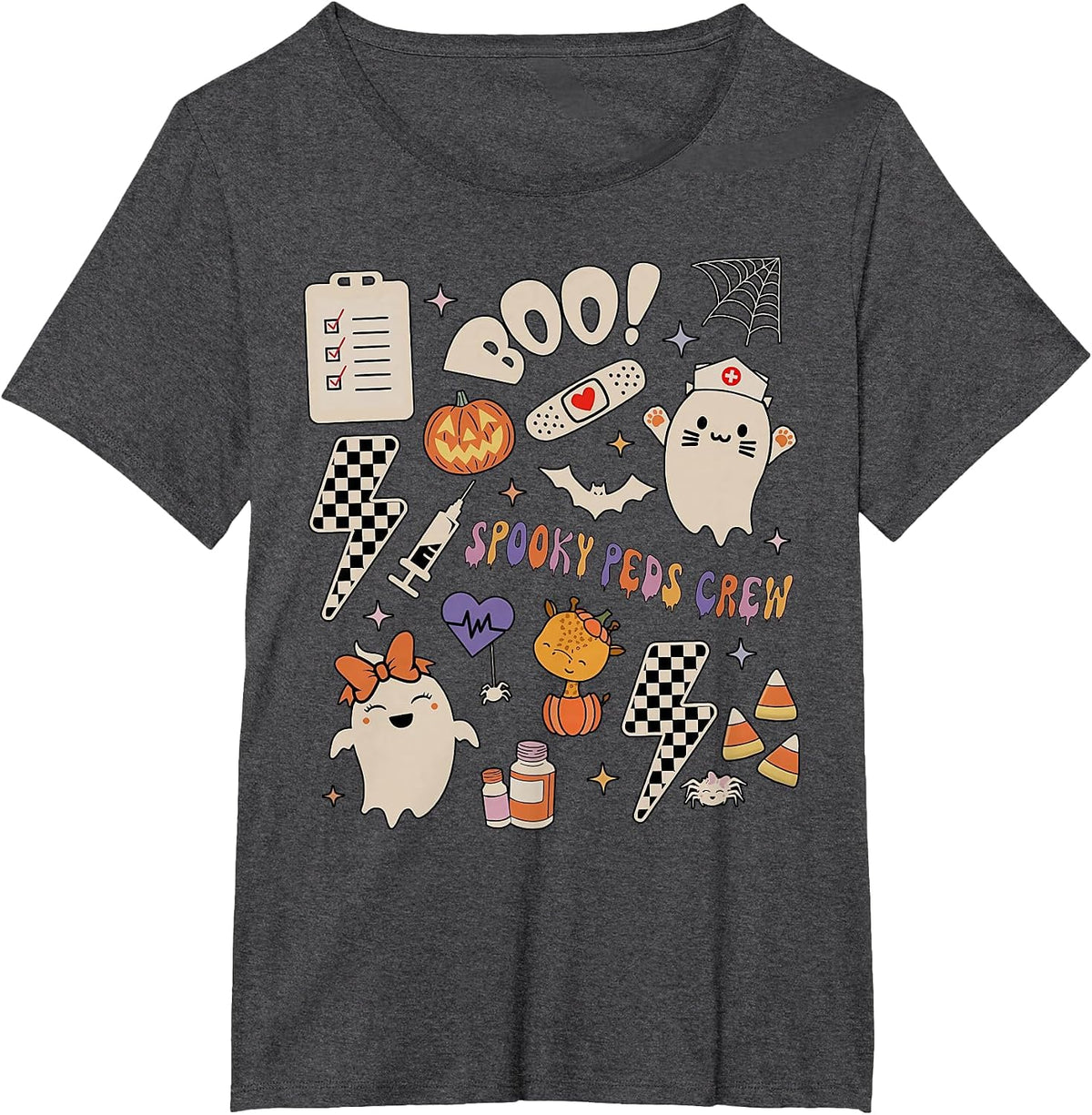 Boo Spooky PEDS Crew Ghost Pediatric Nurse Halloween T-Shirt - Dark Heather Grey