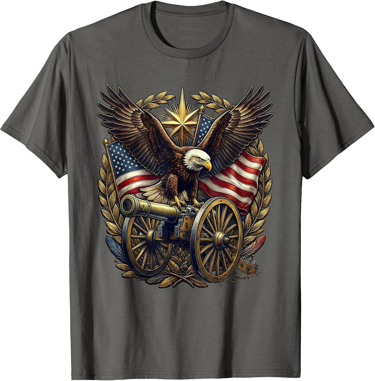 Bald Eagle on Cannon US Army Patriotic Graphic T-Shirt - Asphalt Grey