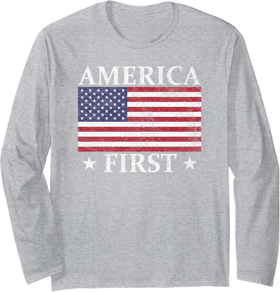 America First USA American Flag Patriot Stars and Stripes Long Sleeve T-Shirt - Adult Unisex Heather Grey