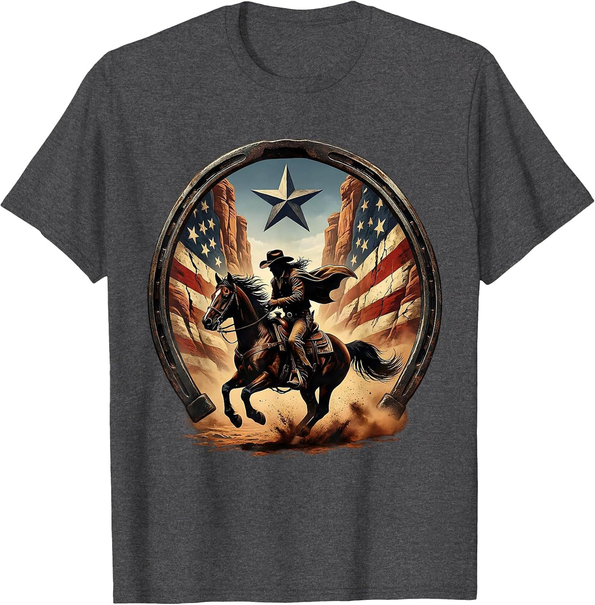 Cowboy Riding Horse Through Canyon Illustration T-Shirt - Dark Heather Grey
