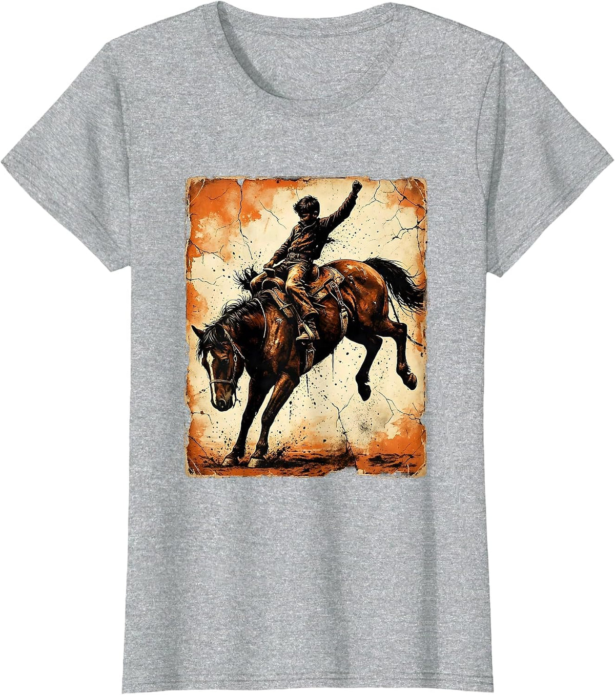 Western Boy Riding Bucking Bronco Illustration T-Shirt - Heather Grey