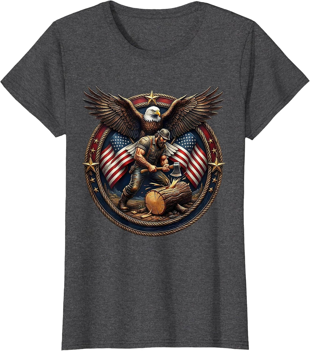 Women's American Flag Lumberjack Chopping Wood Graphic T-Shirt - Dark Heather Grey
