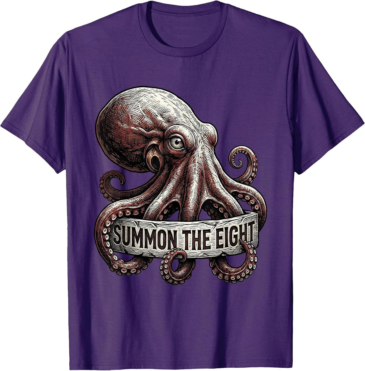 Summon The Eight Woodcut Octopus Sea Creature Illustration T-Shirt - Purple