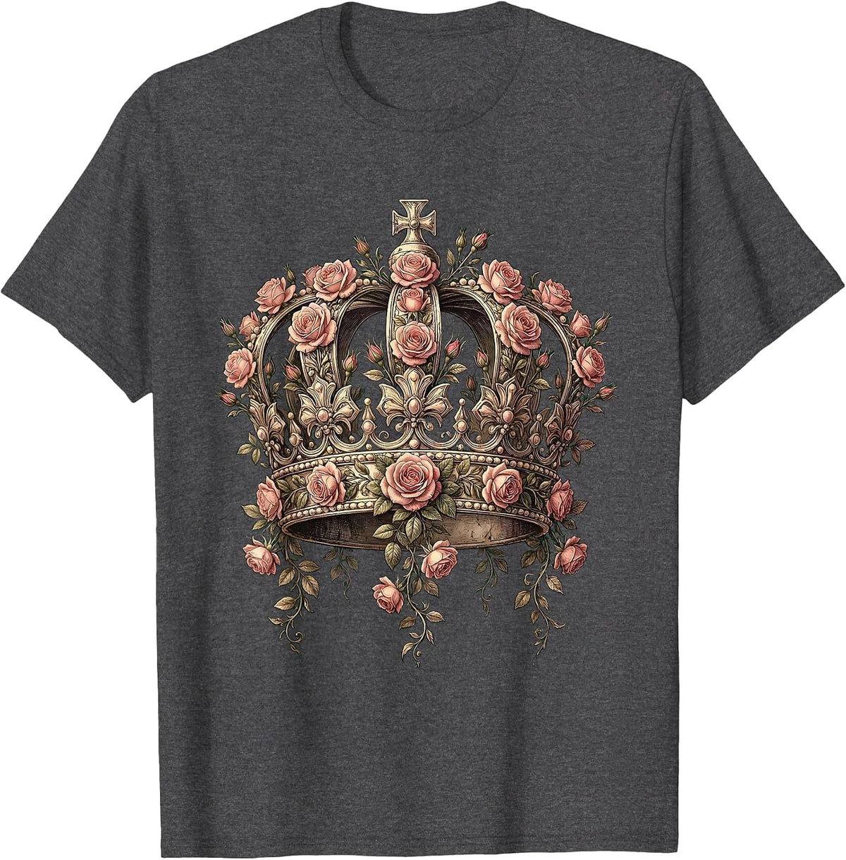 Gigi Crown Blooming Roses Floral Illustration T-Shirt - Dark Heather Grey