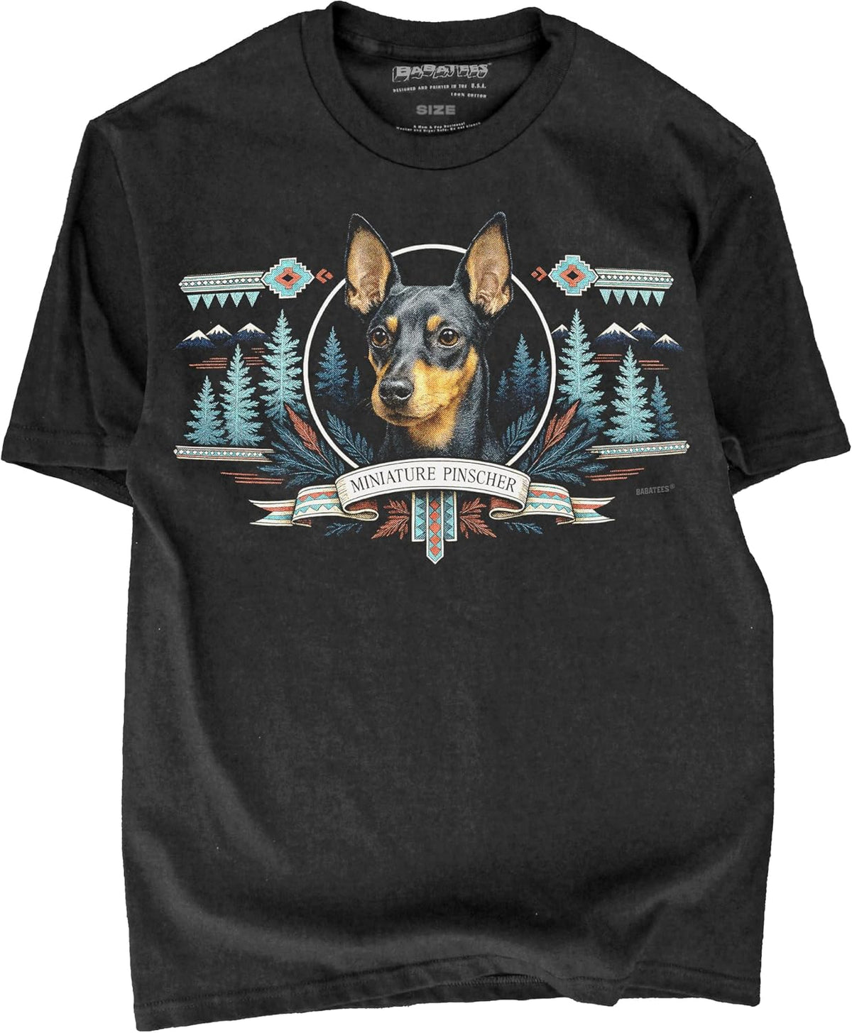 BABATEES Wilderness Inspired Dog Artwork Black Tshirt – 100% Cotton - for Men & Women - Miniature Pinscher